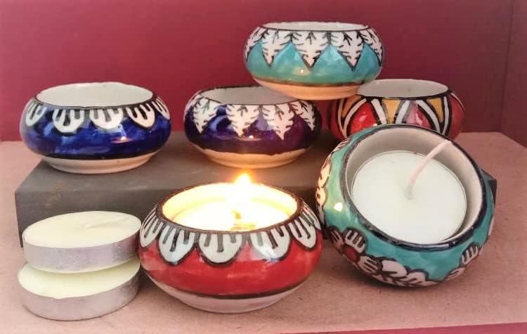 Handcrafted Ceramic Tealight Deepawali Candles Holders Hand Painted Table Top Tea Light Candle Stand for Diwali Decoration with Tea Lights (Printed Multi, Pack of 6)-image-15