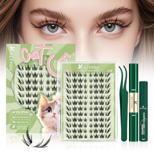 KEYYOU Lash Clusters Kit Anime Cat Lash Clusters 96pcs Wispy Natural Cat style Lash Extension Kit with Bond and Seal,Applicators,Remover for Manga DIY Eyelash Extension Kit at Home(MC07)