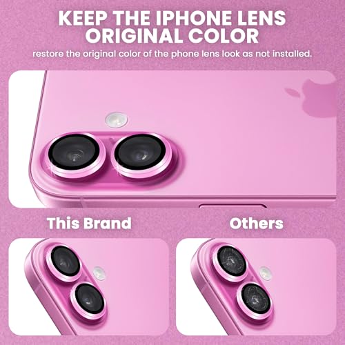 Image of ArmourPro Premium Camera Lens Protector Tempered Glass Compatible For iPhone 16 Plus and iPhone 16 Tough HD Individual Aluminum Alloy Rings 9H Camera Cover , Scratch-Resistant,Camera Lens Protection| Pink