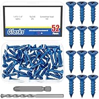 Glarks 52pcs 1/4 x 1-1/4 '' Kreuz Flachkopf Beton Schraube Anker Kit, blaue Schwerlast Zement Schrauben mit Bohrboch und PH2 Bit für die Verankerung an Mauerwerk, Block, Ziegel, Zement