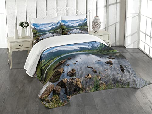 ABAKUHAUS Natura Set Copriletto Trapuntato, Fiume Open Sky Norvegia, 2 Pezzi con 1 Federa Cuscino, 170 cm x 220 cm, Vert Marron Blanc