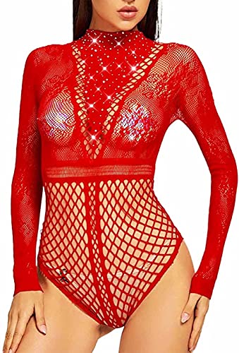 Bommi Fairy Body sexy para mujer, de malla, con lentejuelas, de manga larga, con encaje, cuello redondo, parte superior Cover