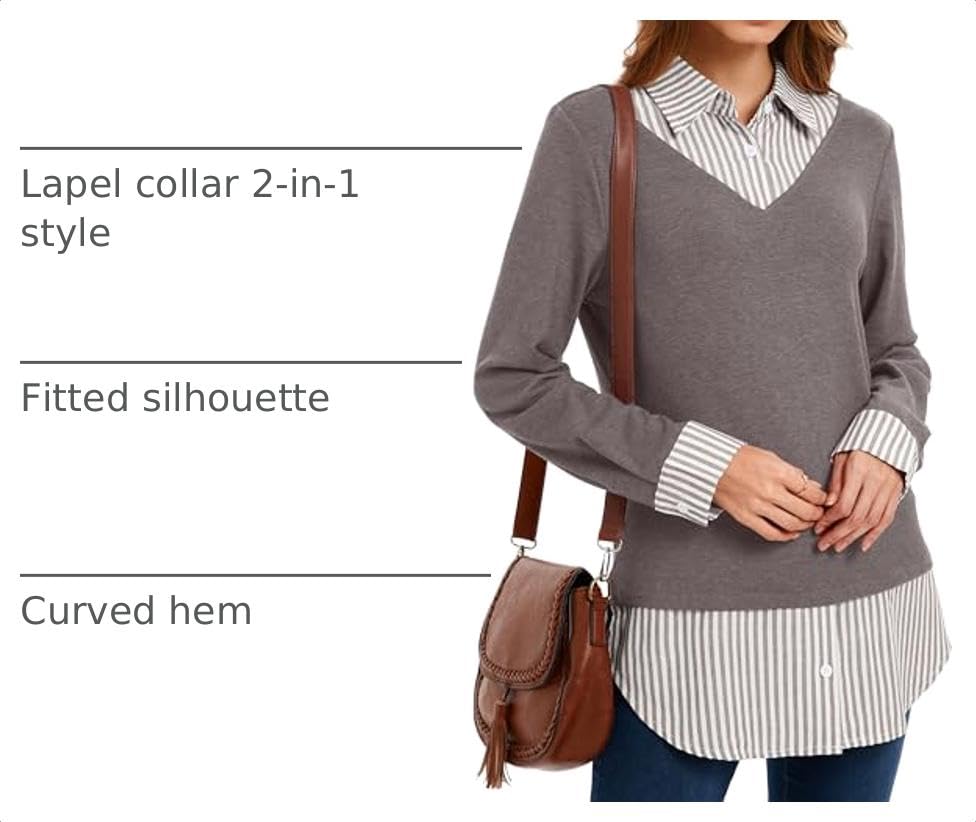 Image of Oyamiki Women's Casual Collared Curved Hem 2 in 1 Pullover Tops Plaid Contrast Shirt Blouse