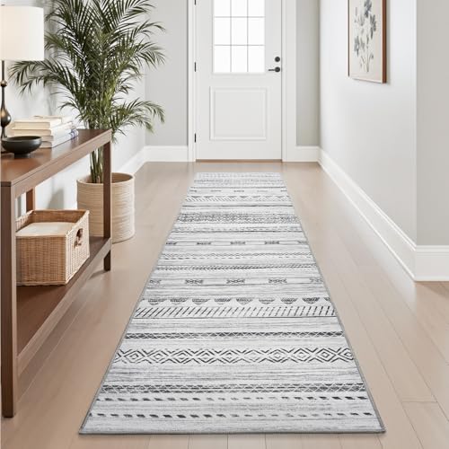 2x10 Runner Rug Machine Washable Non Slip Area Rug Distressed Neutral Moroccan Boho Rug Ultra Soft Floor Runners for Hallways for Entryway Laundry Room Kitchen, Black