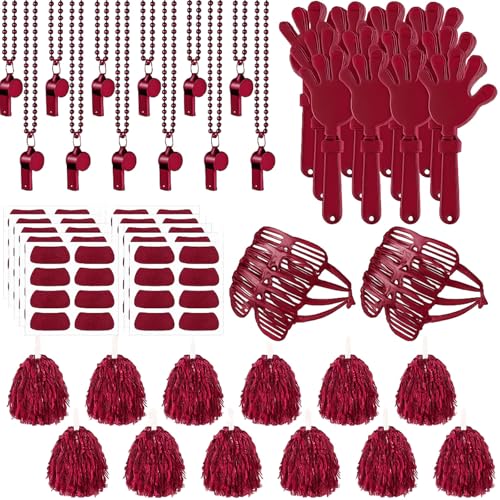 Realspring 148Pcs Team Spirit Accessories Kit Bulk Spirit Day Items Cheer Pom Poms Clappers Whistles Glasses Eye Black Stickers for Homecoming Week Game Day Camp College Sports Event(Burgundy)