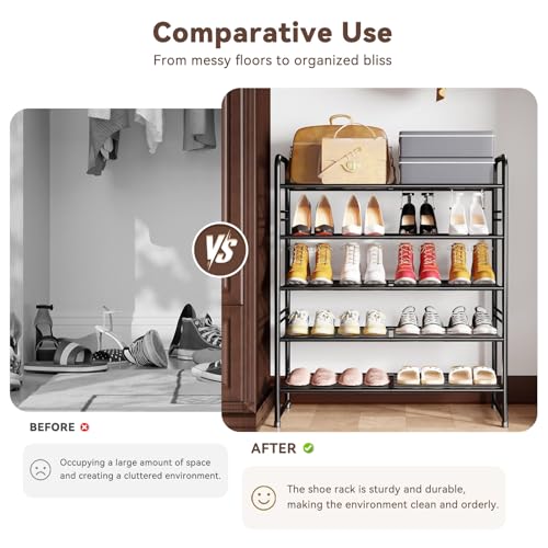 Image of Standard Shoe Rack 5-Tier 32.5 Inches Wide, Free Standing Shoe Organizer for Indoor Outdoor | Adjustable Heavy-Duty Metal Shelf Ideal for Home Entryway Closet & Garage Balcony | Black