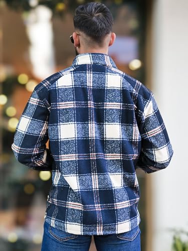 Image of Maniac Mens Checkered Full Zipper Fullsleeve Polyester Blend Fleece Shacket for Men