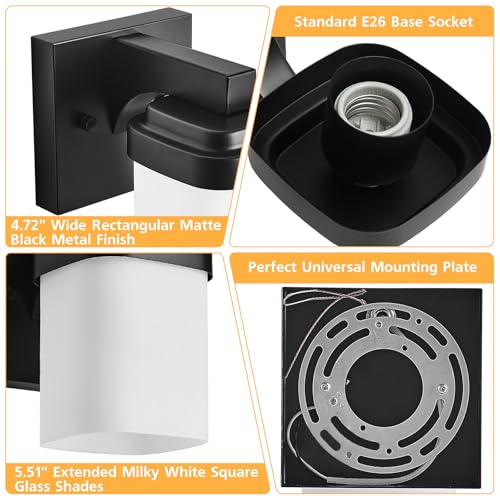 Image of 4.72 Inches Bathroom Vanity Lights, 1-Light Black Bathroom Llight Fixtures Over Mirror with Milky White Square Glass Shade, Modern Farmhouse Bathroom Wall Lamp, Wall Sconces Set of Two