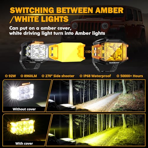 Image of Auxbeam 4 inch 92W Cube LED Pod with Amber DRL, V-MAX Series Offroad Pod Lights with Side Shooter & Amber Covers, Offroad LED Cube Offroad Square Light 270Combo Beam Auxiliary Light for Truck Jeep ATV
