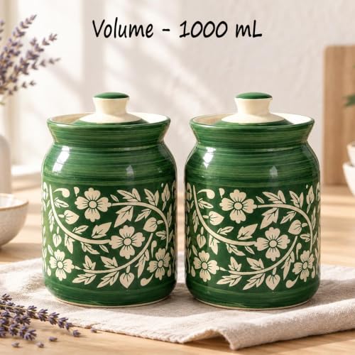 Image of D'Maiolica Ceramic Handmade Pickle Jars in 1000ml (set of 2) | Floral Bale 1 kg Achaar Martban | Ceramic Jadi for Kitchen Storage (Set of 2) | Jars for Achar, Spices, Salt (Florian Green)