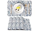 Faux Leather Placemats Set of 4, Waterproof Oil-Proof Dining Table Mats for Kitchen, Indoor & Outdoor Heat Resistant Wipeable PU Place Mats, 18’’× 12’’, Blue Paisley Floral