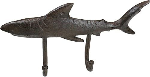 Ebros Gift Paquete de 2 ganchos de hierro fundido rústico náutico marino océano mar gran tiburón blanco 2 clavijas ganchos de doble pared 12