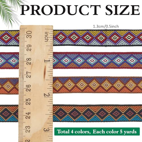 CRAFTYMELODY 4 Rolls 20 Yards Jacquard Ribbon Trim 4 Colors Ethnic Style Embroidery Polyester Ribbons Rhombus Pattern 1/2 Inch Wide Geometric Woven Garment Embellishments Trim for Sewing Clothing - Thumbnail 2