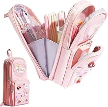 Negro Pencil Pouch 6 Layer, 3 Compartment Cute Pouch for School Kids Cute Stationary Gift Large Capacity Pen Pencil Pouch Aesthetic Pencil Case Ideal Gift for Students (Pink)