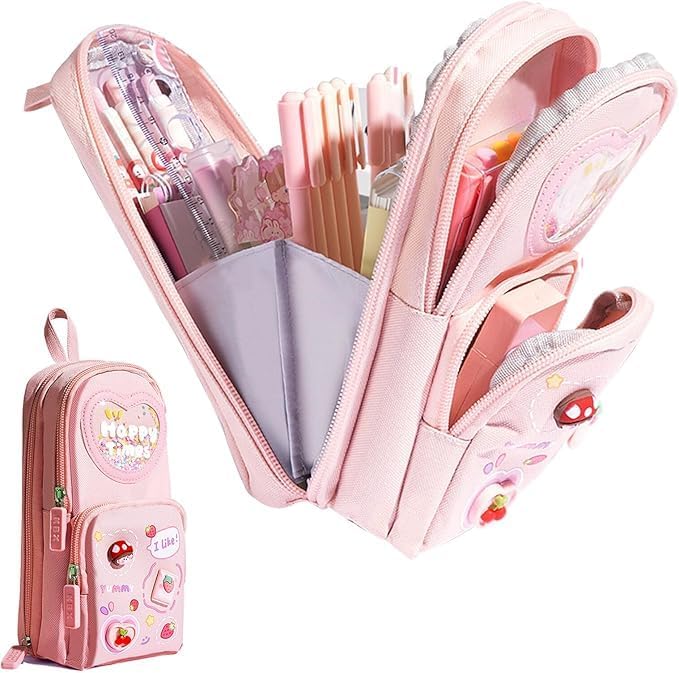 Image of Kawaii Cute Aesthetic Pencil Case for Students | Large Capacity Multi-Pocket Pencil Pouch with Zipper | Cartoon Stationery Organizer Bag for School, College & Office Supplies (Happy Time - Pink)