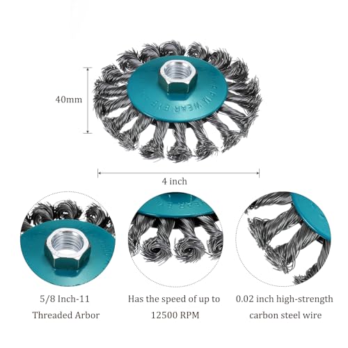 Image of Twisted Knotted Wire Wheel Brush for Grinder - [4 Inch] Carbon Steel for Paint Stripping Cleaning Rust Abrasive, 5 /8Inch-11 Threaded Arbor, 0.02 Inch Carbon Steel Wire, Cyan