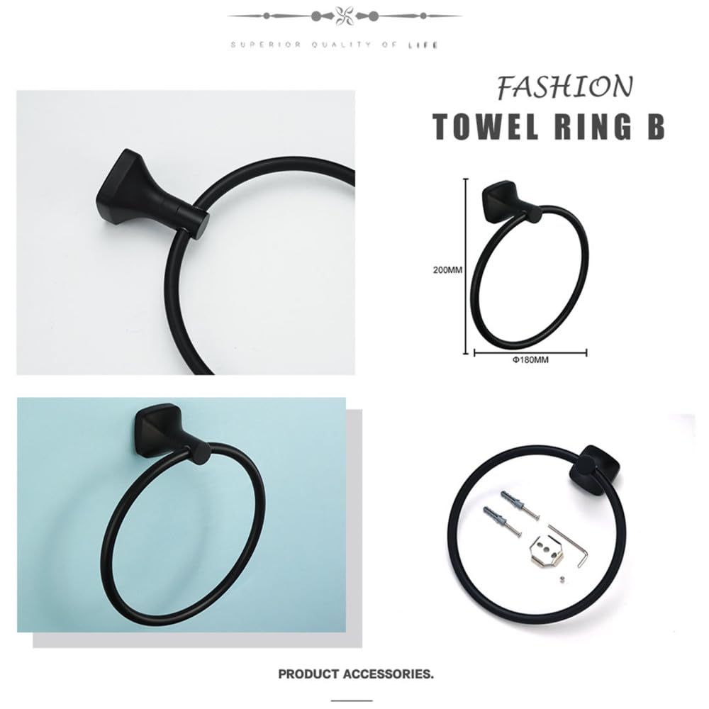 Juego de Accesorios de baño de Acero Inoxidable Negro Toallero Toallero Toallero de Papel Toallero para Colgar Hardware Almacenamiento en Rack Colgante, Anillo de Toalla B