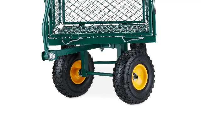 Chariot De Jardin Relaxdays 200 Kg – Roues Pneumatiques, Côtés Pliables, Vert/Jaune, Idéal Transport Courses, Outils, Déchets