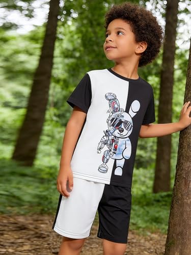 Image of KIDLAGA Kids Toddler Boy Clothes Outfits Bear Print Tee + Plaid Shorts 2 Pieces Summer Shorts Set