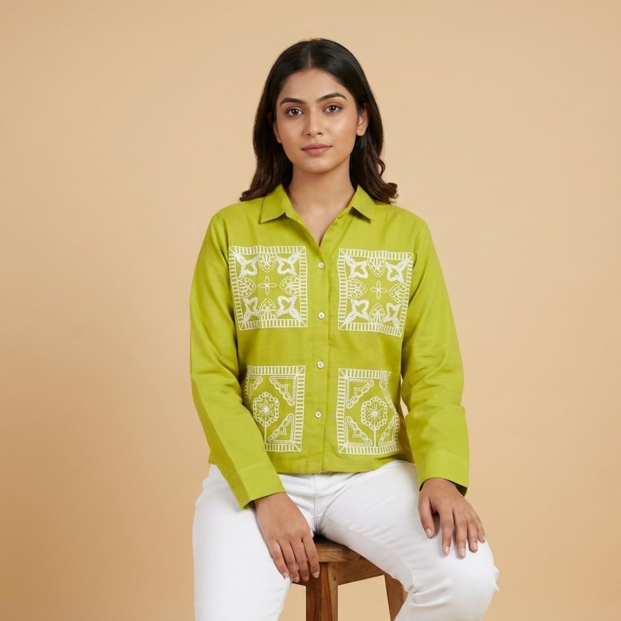 Image of Stylish Women's Embroidered Shirts | Geometric Pattern Half Sleeve Collared Button-Up Casual Shirt for Women