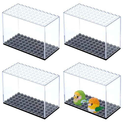 FINGERINSPIRE Vitrina para Minifiguras, 4 Unidades, 95 x 69 x 47 mm, apilable, Vitrina de plástico, con Base, Cajas Transparentes para Figuras de acción en Miniatura, Bloques de construcción