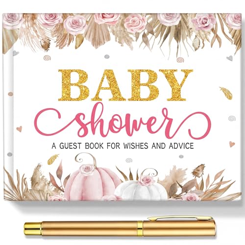 Image of Fuyoooo 27 Pcs Boho Little Pumpkin Baby Shower Guest Book Set Baby Shower Sign in Guest Pink Pumpkin Book Place Table Cards with Gold Pen Adhesive Photo Corner for Birthday Party