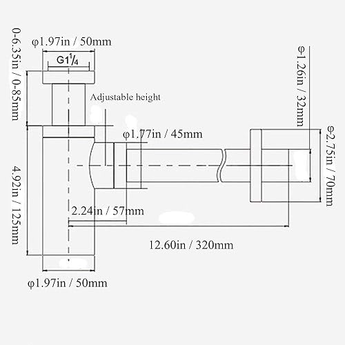 Miniatura 2 de Trampa para botellas de latón, 1 14 redonda, trampa en P, trampa decorativa para lavabo, fregadero, tubo de drenaje, altura ajustable, color negro
