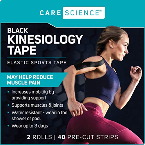 Image of Care Science Waterproof Kinesiology Tape, 40 ct Precut Strips (2 Rolls), Black | Elastic Sports & Weightlifting Tape Supports Muscles & Joints. Water Resistant