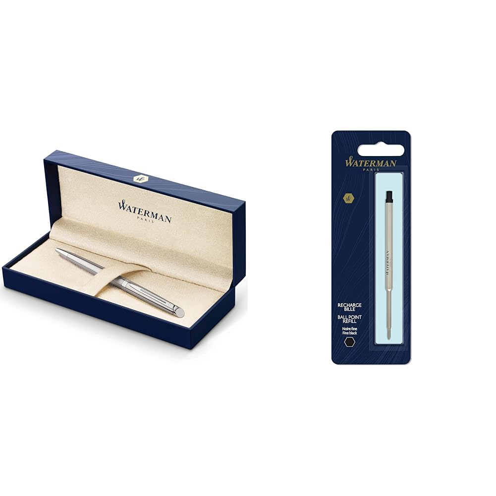 Waterman Hémisphère stylo bille luxe, acier inoxydable avec attributs chromés, pointe moyenne & recharge d’encre pour stylo bille - pointe fine - encre noire - 1 recharge