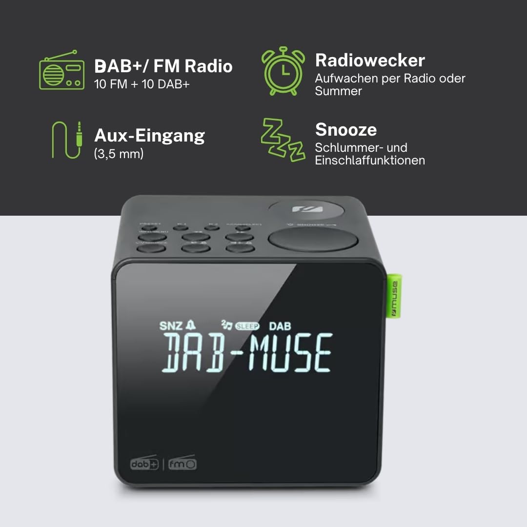 Muse Radio Reloj Dab+ FM PLL, Alarma Dual - (M-187 CDB) Pantalla LCD, Reloj, Alarma, zumbador, repetición, función de sueño, Antena, Entrada Auxiliar, batería de Reserva, Gris Oscuro