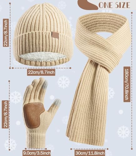 طقم قبعة صغيرة شتوية ووشاح وقفازات محبوكة للطقس البارد ووشاح وقبعة وقفازات تعمل باللمس مجموعة هدايا دافئة للرجال والنساء بلون ابيض، مقاس واحد