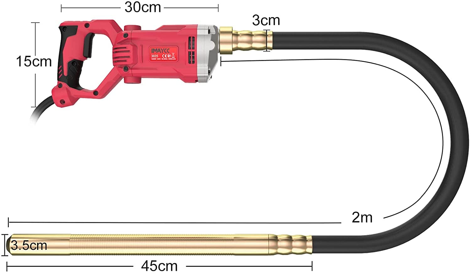 IMAYCC Vibrador de Hormigón, Actualizado 1500W Vibrador, Vibrador de Botella Vibrante Interno de 4200rpm, con Varilla Vibratoria 2M, para Construcción de Carreteras, Túneles, Puentes, Casas, etc.