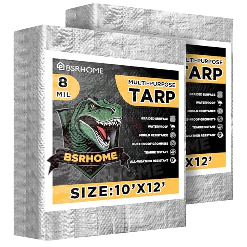 Tarps Waterproof 10x12 Feet, 2 Pack Heavy Duty Silver Tarp Cover 8 Mil Thick, Resistant Plastic Tarpaulin with Metal Grommets, Outdoor Tent Cover for Emergency Rain