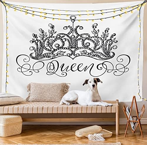 Ambesonne Queen Tapestry, Hand Drawn Crown Lettering Baroque Style Elements Calligraphy Print, Wide Wall Hanging for Bedroom Living Room Dorm, 80" X 60", Black White