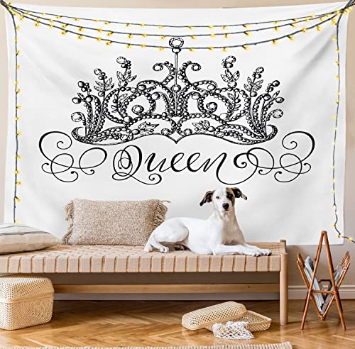 Ambesonne Queen Tapestry, Hand Drawn Crown Lettering Baroque Style Elements Calligraphy Print, Wide Wall Hanging For Bedroom Living Room Dorm, 80" X 60", Black White #TOP3