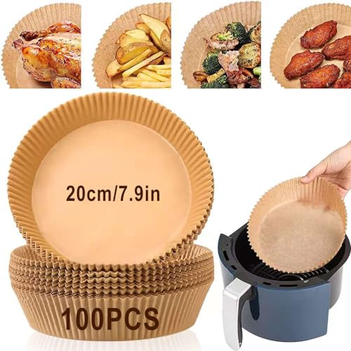 Air Fryer Liners, 100PCS Air Fryer Disposable Paper Liners, 7.9in Round Non-Stick Baking Parchment Paper