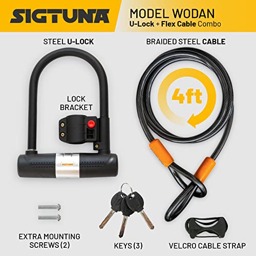 Bike U-Lock - Sigtuna Bike Lock Heavy Duty Anti-Theft With 4Ft/1.2M Cable, Bicycle U-Lock With Sturdy Mounting Bracket For Mountain Bikes, Ebikes, Scooters #TOP1