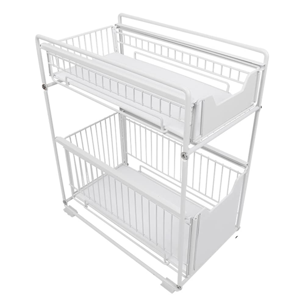 Supfine Rangement sous Évier à 2 Niveaux- Organisateur sous Evier Tiroir Coulissant à Extraction, Rangement et Organisation de Cuisine, Panier de Rangement Multifonction (Blanc, 37.4 * 26.5 * 44cm)