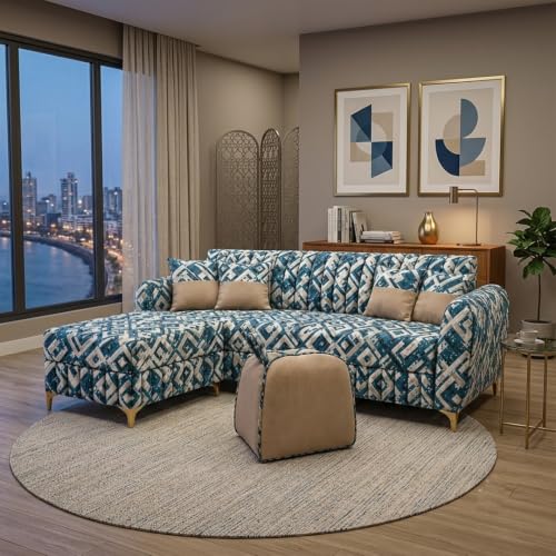 Image of CASASTYLE Signature Velour 4-Seater L-Shape Sofa Set with Movable Ottoman & Suri Pouf | Flexible LHS /RHS Layout | Tapestry Fabric | 40D Foam + Zigzag Spring | 3-Yr Warranty (Lagoon Mosaic Blue)