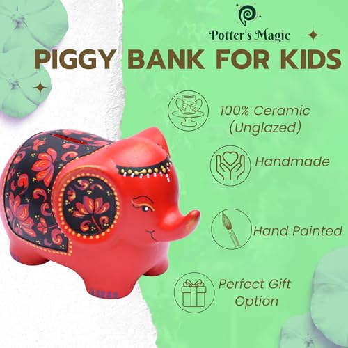 Image of Potter's Magic Ceramic Hand Painted Elephant Piggy Bank with Lock | Modern Lucky Money Bank | Piggy Bank for Womens | Mitti ka Gullak | Kiddy Bank for Boys & Girls (Without Glaze) (Red)