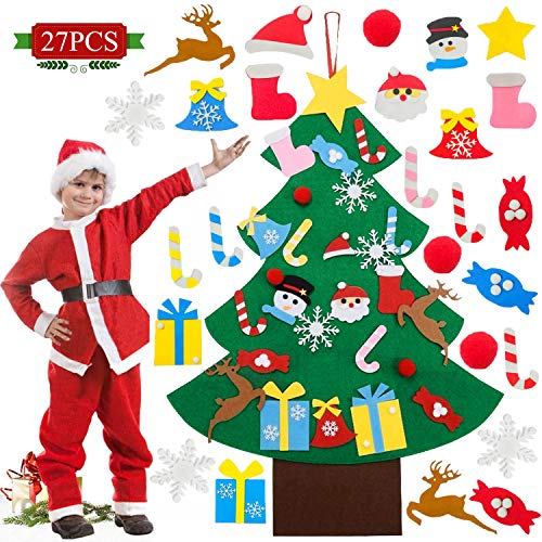 WELLXUNK® Fieltro Árbol de Navidad, Árbol Navidad Fieltro Pared, Árbol Navidad Fieltro Pared, Colgante de Pared Niños Adornos Extraíbles para Niños Decoraciones de Navidad(27 Piezas) (M1)