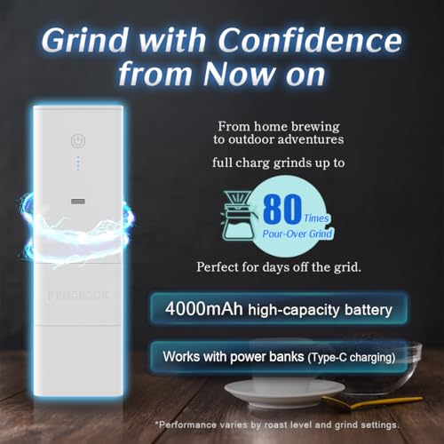 Image of FEMOBOOK-A2 White Portable Electric Coffee Grinder, Cordless Burr Grinder | USB Rechargeable Coffee Grinder Magnetic Grounds Cup for Travel & Home Brewing