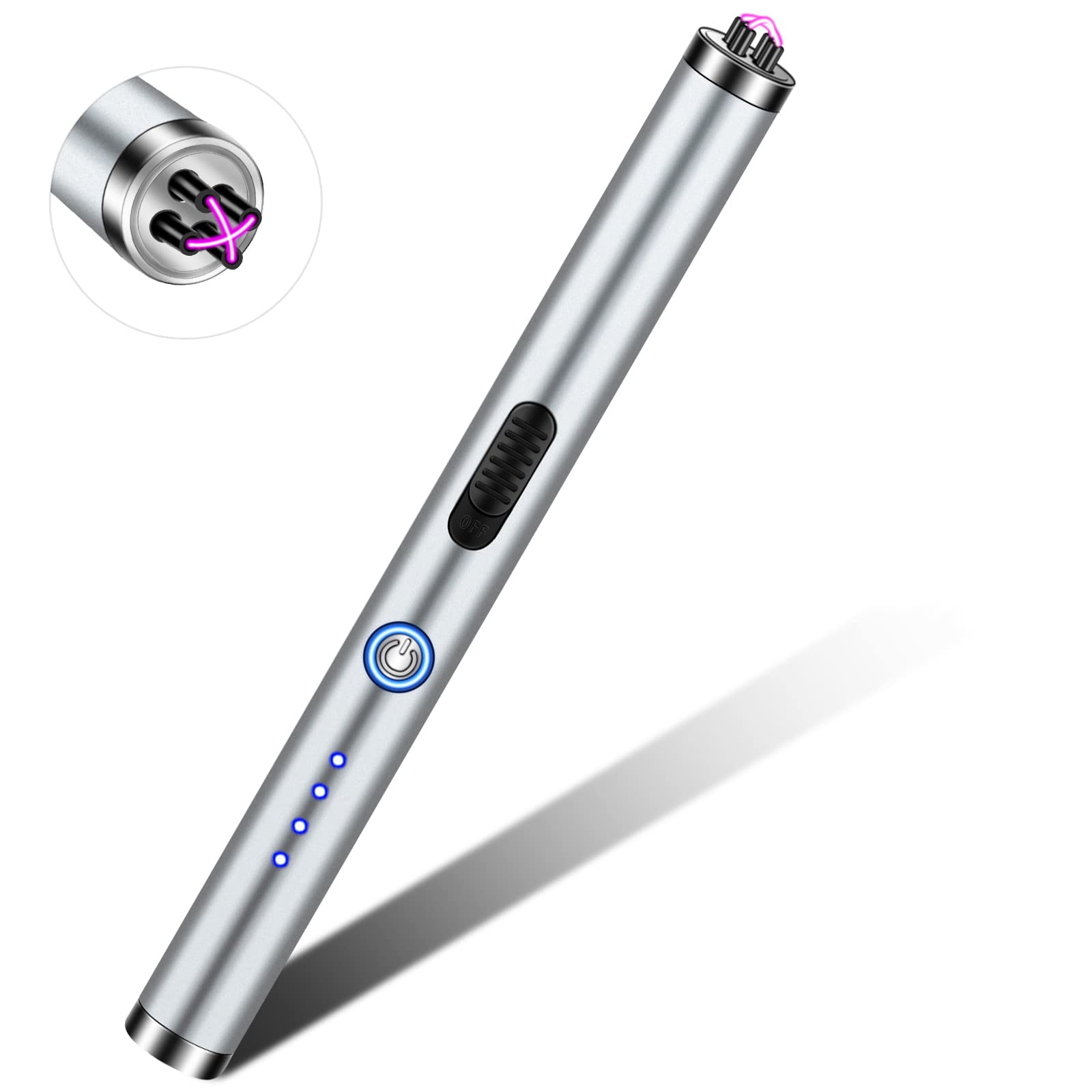 Lighter, Candle Lighter, Electric Lighter, Rechargeable Arc Lighter with LED Display Safety Switch Flameless Plasma Windproof Candle Cooking BBQ - Silver