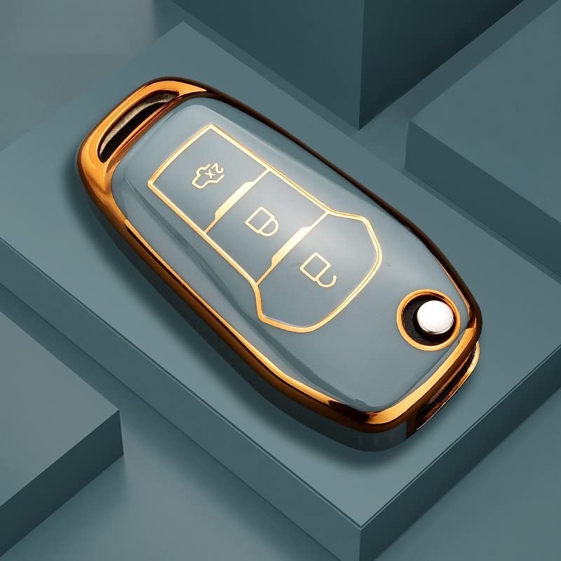 Image of JVCV Gold Border TPU Key Cover Compatible with Ford Endeavour Figo Aspire Freestyle 3 Button Folding Key - Glossy Protective Flip Key Case (Grey)