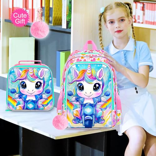 Image of 3Pcs Unicorn Backpack for Girls, 16 inch School Backpacks Set for Elementary Preschool Kindergarten, Kids Motorcycle Bookbag with Lunch Box(Pink)