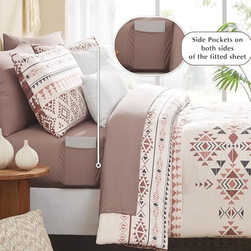 Geniospin Full Comforter Set - 7 Pieces Bed in a Bag, Comfortable Western Bedding Sets for All Seasons, Lightweight Soft Boho Comforter Bed Set with Sheets, Pillowcases & Shams