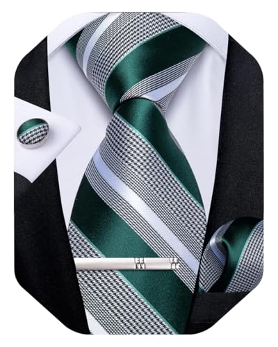 [CUSTIC] DiBanGu Men's Emerald Green Grey Striped Tie Silk Woven Necktie Pocket Square Cufflink Set Formalの商品画像（Amazon）