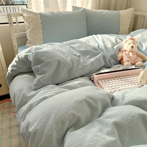 Blue Gingham King Duvet Cover with Lace Trim