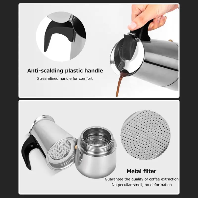 Image of Stovetop Espresso Maker Stainless Steel Moka Pot Espresso Maker Percolator Italian Coffee Maker Capable Mocha Coffee Machine Cafe Classic Maker for Home & Camping 360 ml (6 Cups)