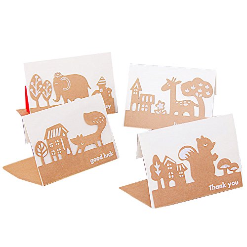 (moin moin) メッセージ カード バースデーカード サンキューカード 森のどうぶつ ナチュラル 切り絵 レトロ ブラウン カード + 封筒 4種セット ( リス / ゾウ / キリン / キツネ )